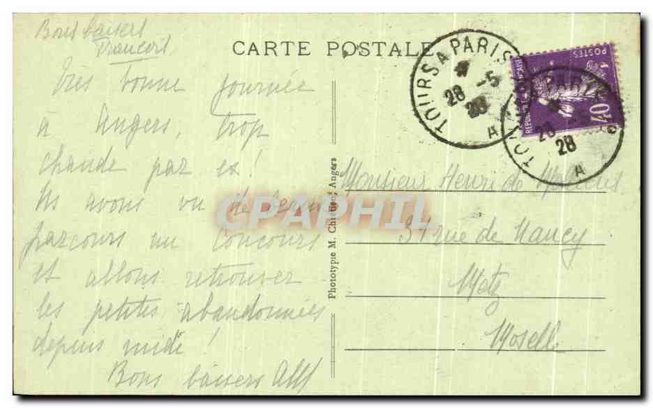 CPA Angers la Statut du Roi Rene et le Chateau — Verso