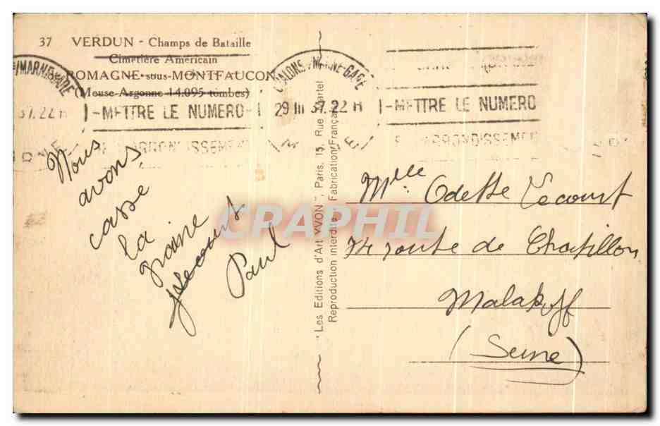 Verdun - Champs de Bataille - Cimetière Américain Montfaucon - Les Éditions d'Art WYON — Verso
