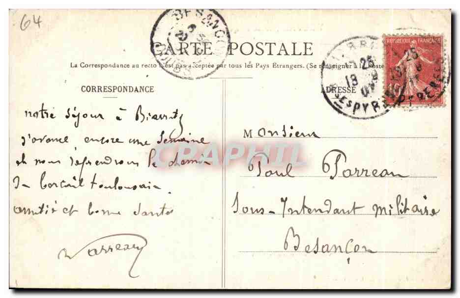 CPA Biarritz Vague au Rocher De La vierge  — Verso