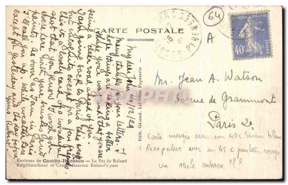 CPA Environs De Cambo Itkassou Le Pas De Roland — Rückseite