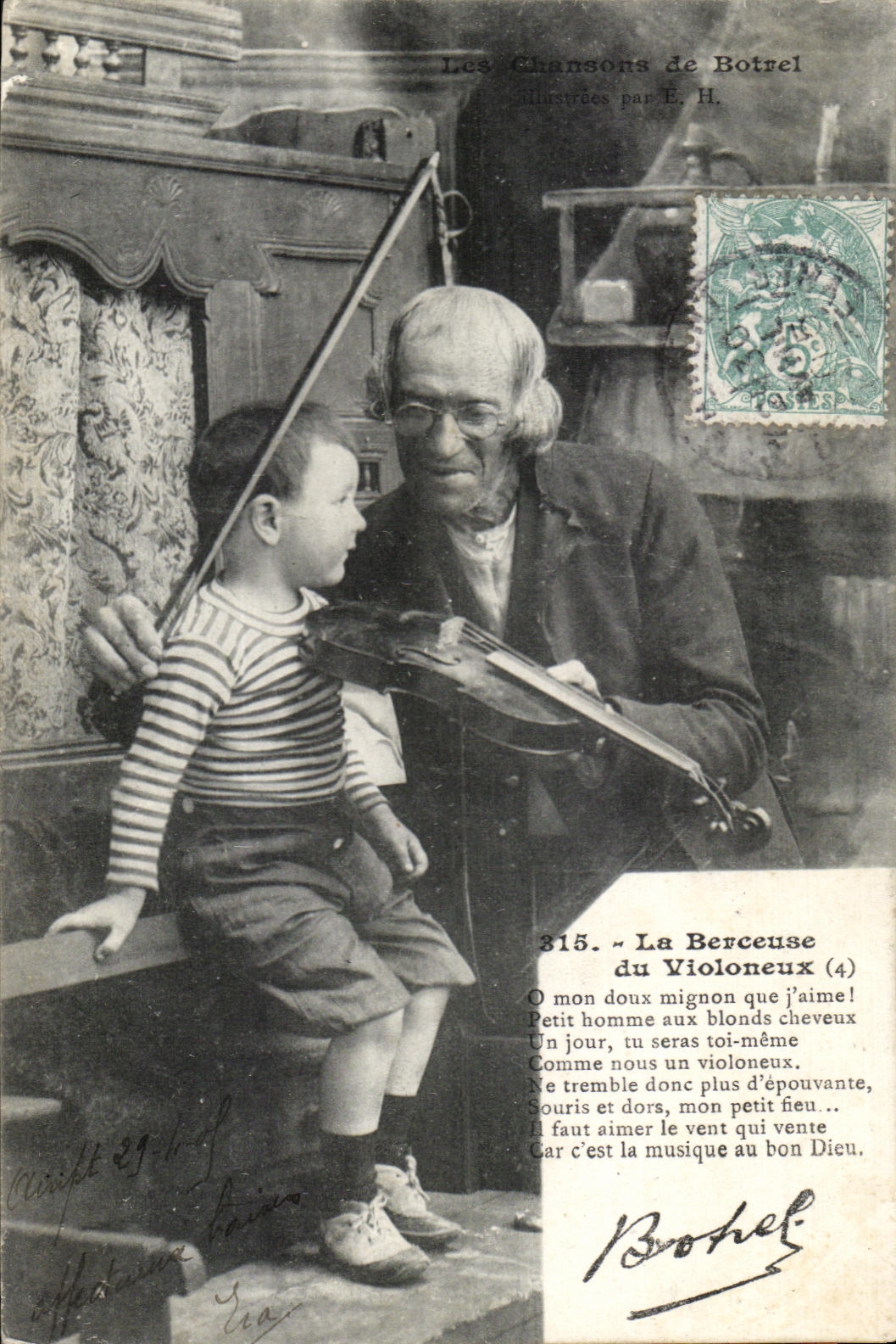 Un vieil homme et un enfant avec un violon — Les Chansons de Botrel, illustrées par E. H. — n° 315 — La Berceuse (4)