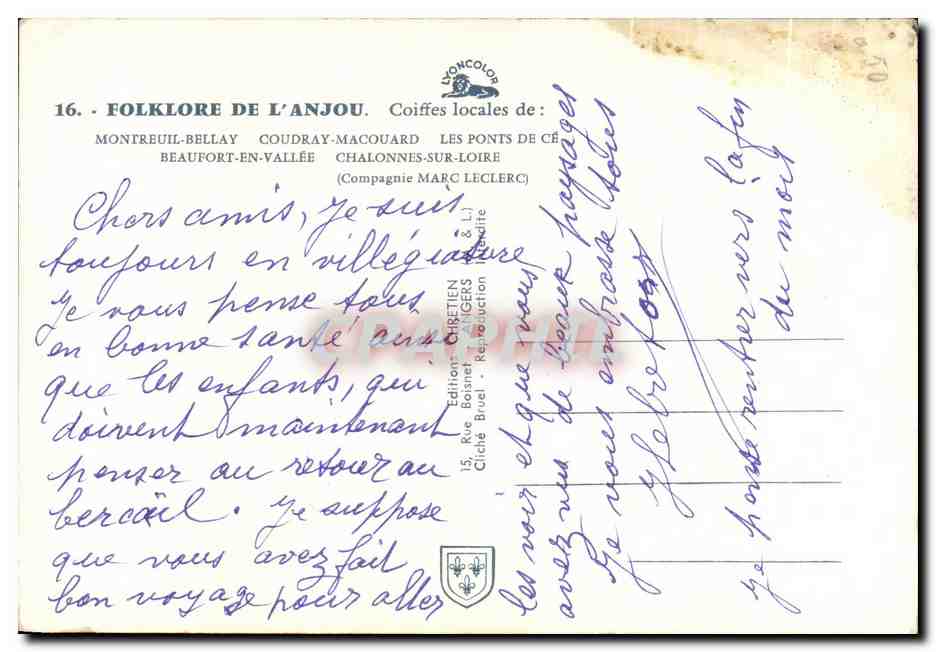 Coiffes locales de l'Anjou — Montreuil-Bellay, Coudray-Macouard, Les Ponts-de-Cé, Beaufort-en-Vallée — Compagnie Marc Leclerc — Rückseite