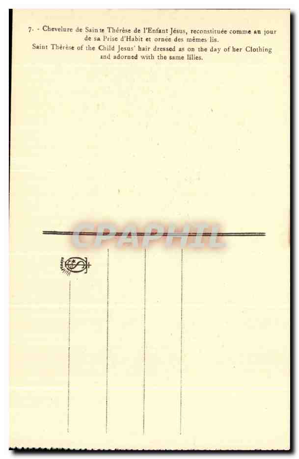 Chevelure de Sainte Thérèse de l'Enfant Jésus — reconstituée comme au jour de sa Prise d'Habit et ornée des mêmes lis — éditeur non visible — Verso