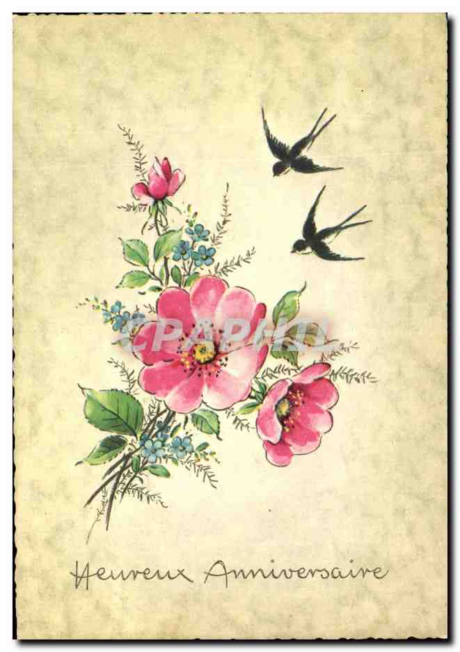 CPA Heureux Anniversaire Fleurs Hirondelles