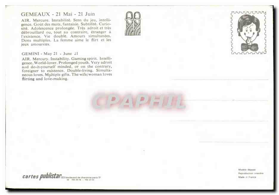 Gémeaux — signe astrologique — cartes publitar — Achterkant
