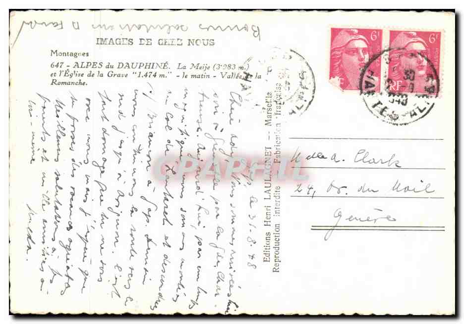 Alpes du Dauphiné — La Meije (3'283 m) et l'Église de la Grave (1'474 m) — Éditions Henri Laulagnet — Verso