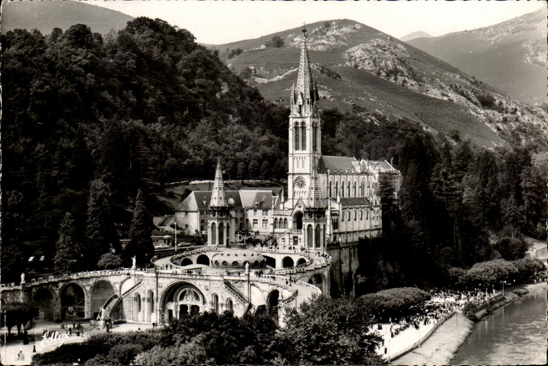 CPSM Lourdes La Basilique Vue d'Ensemble Et Le Gave