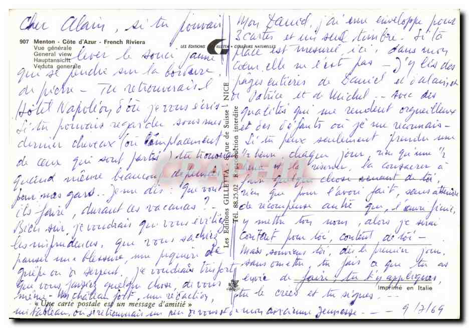 Vue générale de la Côte d'Azur — Menton — Les Éditions GILLETTE, série 907 — Verso