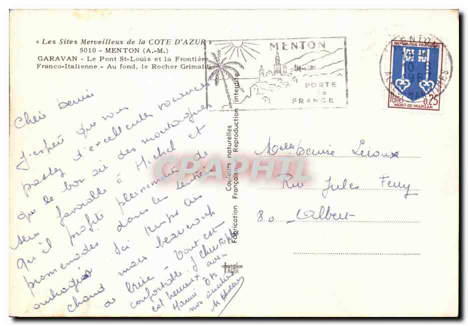 CPSM Menton Garavan le Pont St Louis et la Franco Italienne — Verso