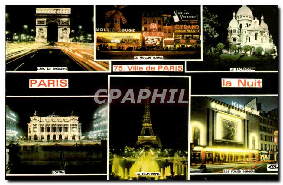 CPM Paris la nuit Arc de Triomphe Sacre Coeur Moulin Rouge 