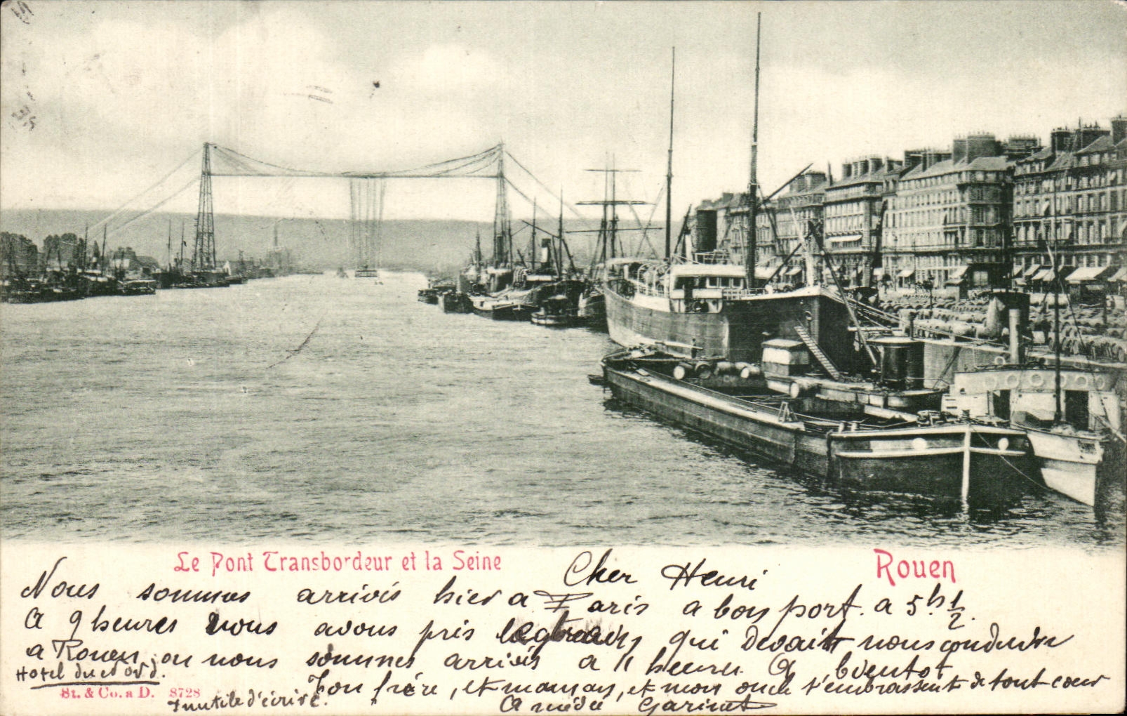 CPA Rouen Le Pont Transbordeur et la Seine Bateaux peniches
