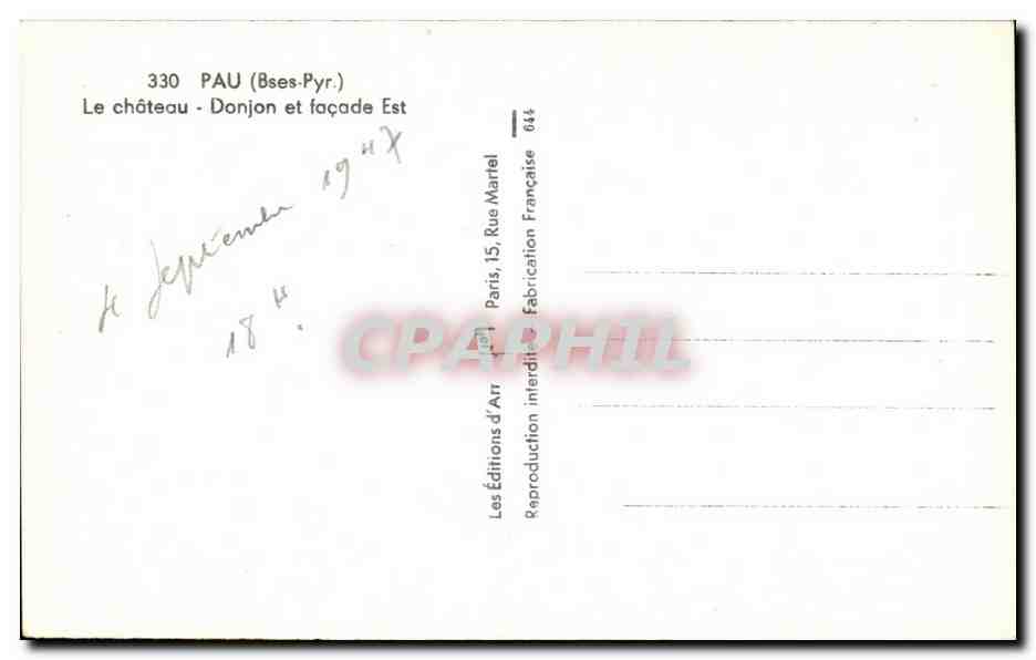 Pau (Basses-Pyrénées) — Le château - Donjon et façade Est — Éditions d'Art Martel — Rückseite