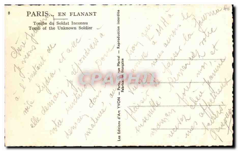 CPA Paris En Flanant Tombe du Soldat Inconnu Arc de Triomphe  — Rückseite