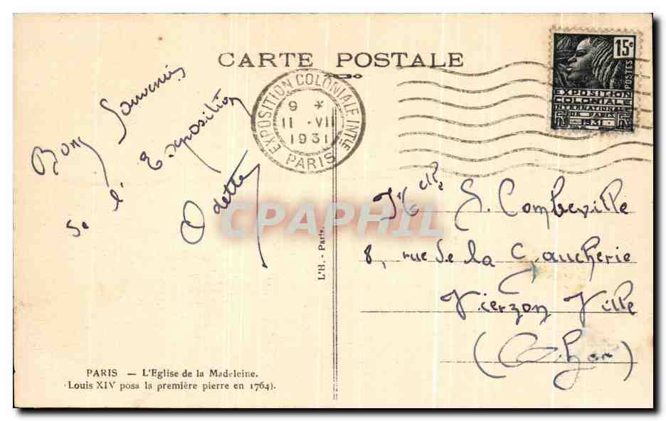 CPA Paris L'Eglise de la Madeleine Louis XIV posa la premier pierre en 1764 — Rückseite