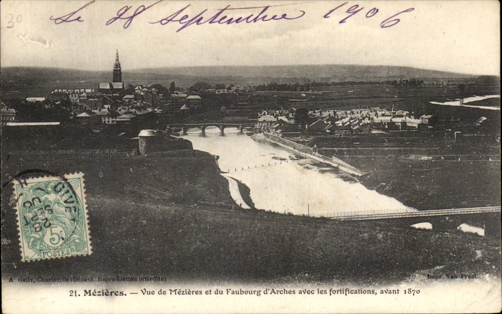 Mézières — Vue de Mézières et du Faubourg d'Arches avec les fortifications, avant 1870 — Impr. Van Pradt
