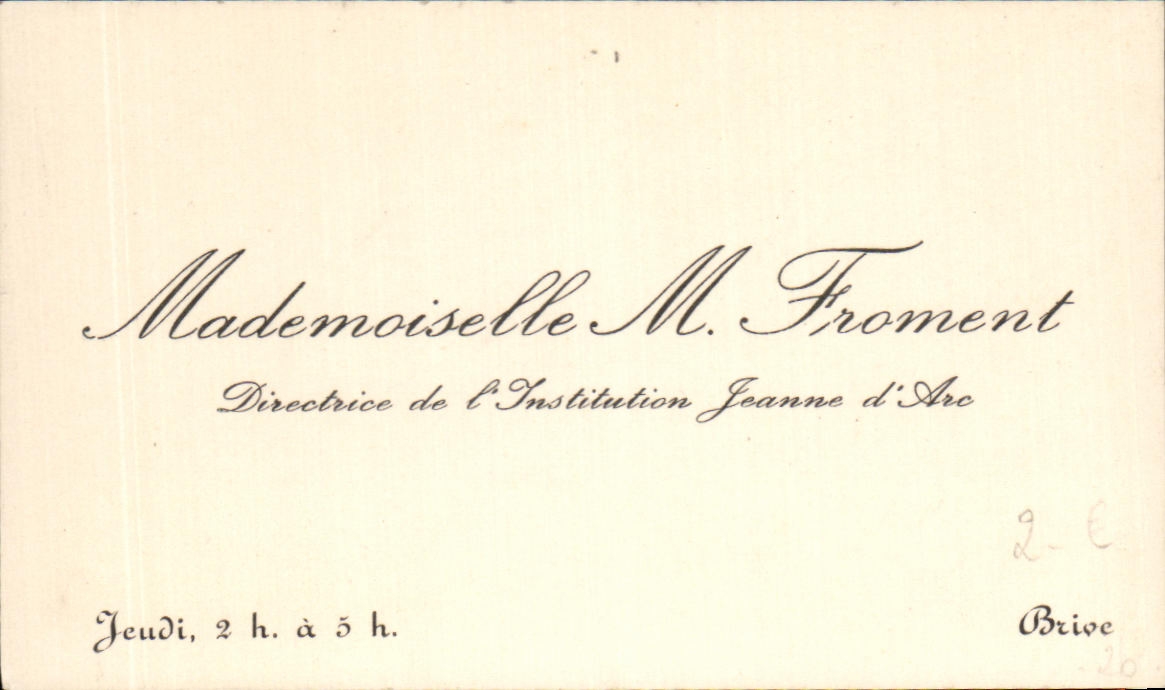 Carte de visite Froment Directrice de l'institution Jeanne d'arc a Brive 