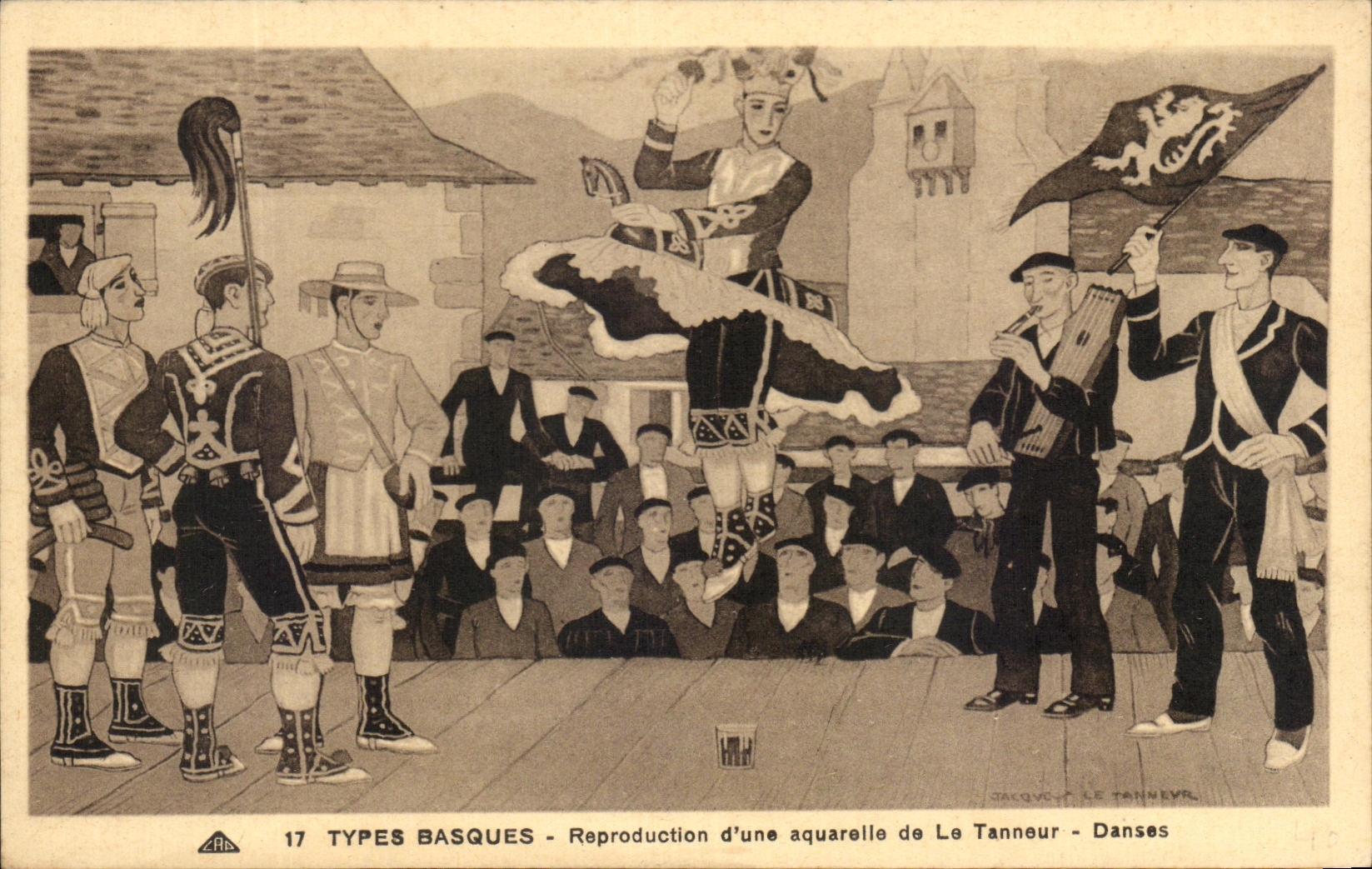 CPA Types Basques Reproduction d'une aquarelle de Le Tanneur Danses Lion 