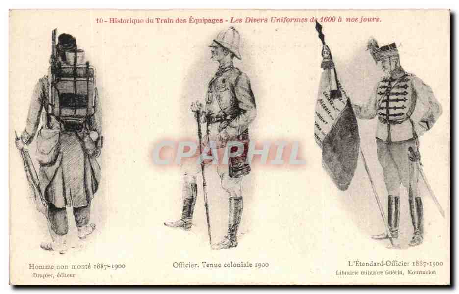 CPA Historique du Train des Equipages Les divers Uniformes de 1600 a nos jours Militaria