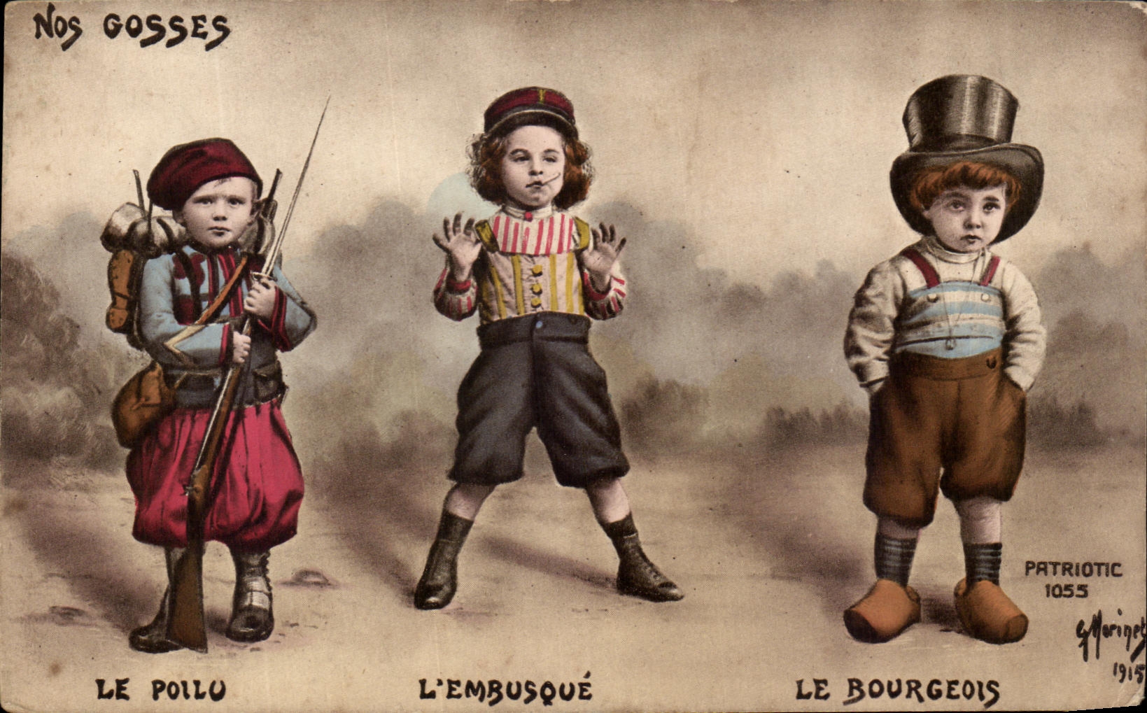 Nos Gosses — Trois enfants caricaturés en soldat, embusqué et bourgeois — G. Morignet 1915