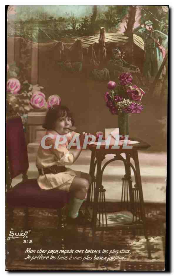 CPA Suzy Mon cher papa recois mes baisers les plus doux Enfant Militaria