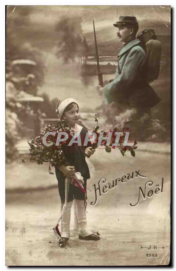 Enfant offrant des fleurs à un soldat — Heureux Noël — J.K. n° 9753