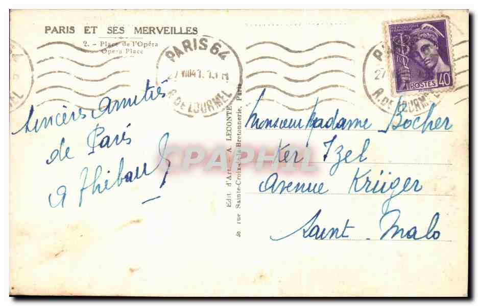 CPA Paris Et Ses Merveilles Place de l'opera — Verso