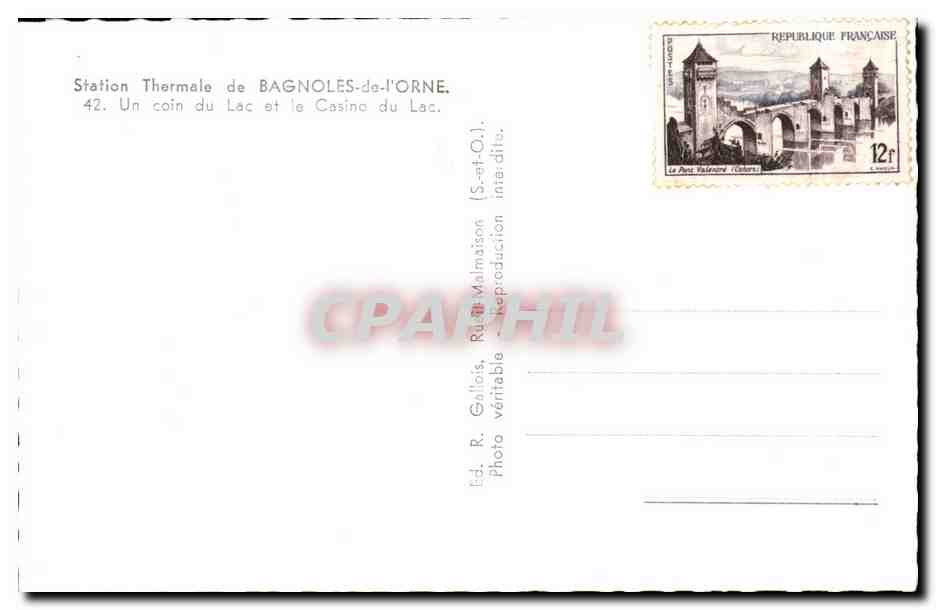 Thermal Station of BAGNOLES-de-l'ORNE — A Corner of the Lake and the Lake Casino — Ed. R. Gélois, Rue Malmaison — Back