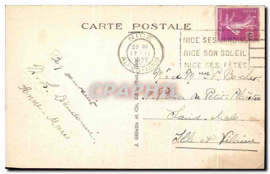 CPA Nice Quai Des Etats Unis Le Mont Boron — Rückseite