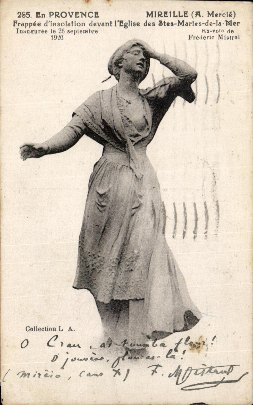 Statue de Mireille (A. Mercié) — Frappée d'insolation devant l'Église des Saintes-Maries-de-la-Mer — F. Mistral, n° 265