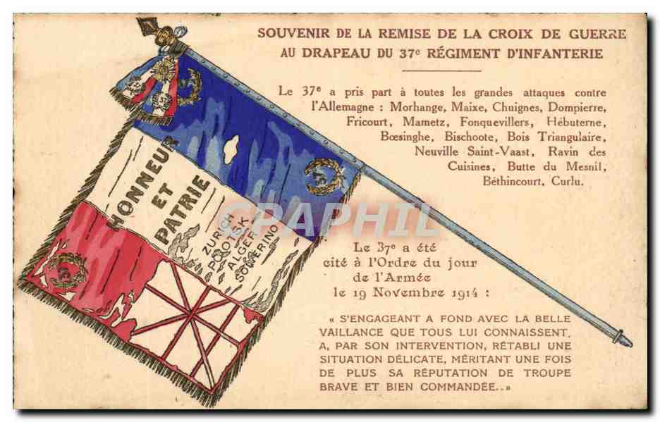 CPA Souvenir de la Remise de la Croix de Guerre Au Drapeau du 37eme Regiment d'Infanterie 