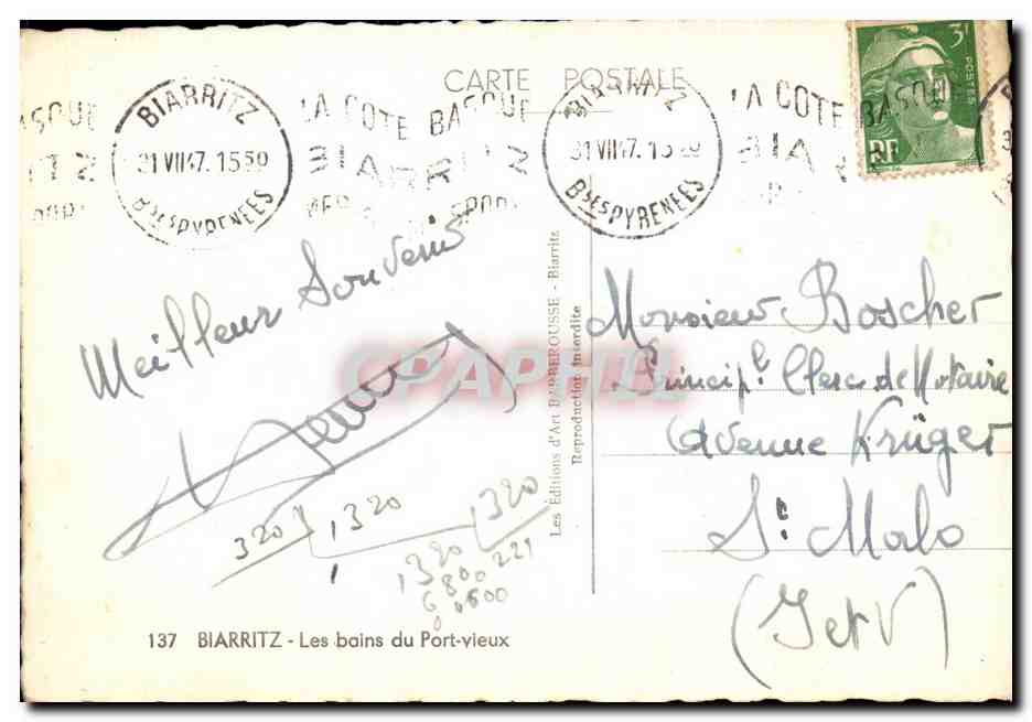 CPSM Biarritz Les Bains du Port Vieux — Verso