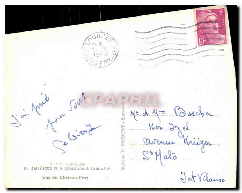CPA Lourdes Basilique et le Monument Interallie vus du Chateau Fort — Verso
