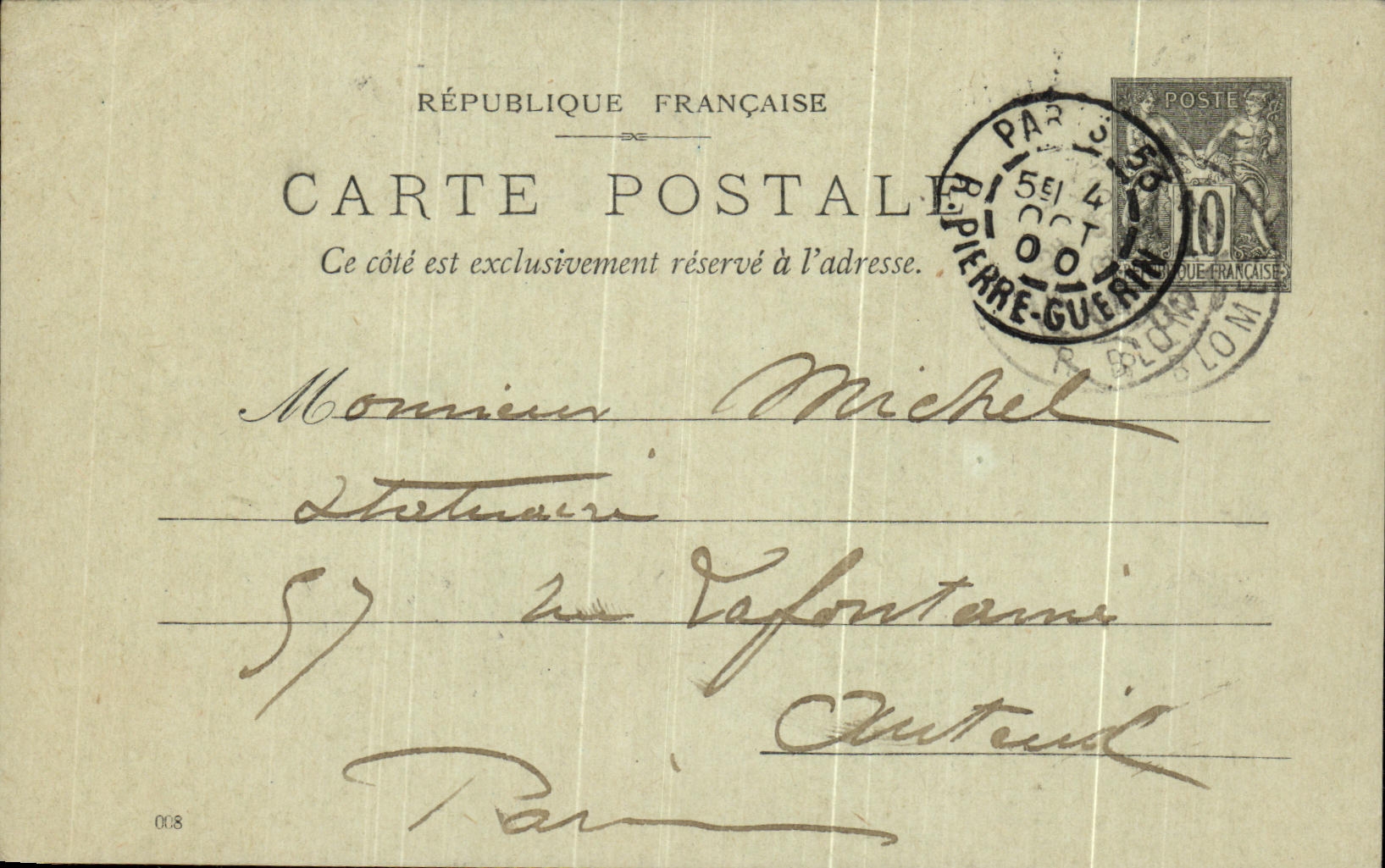 Entier postal Sage Paris Peirre Guerin Auteuil