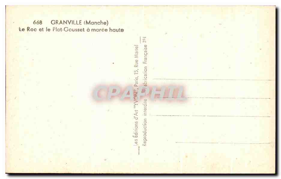 Granville (Manche) — Le Roc et le Plot-Gousset à marée haute — Éditions d'Art 'YVON', Paris — Rückseite