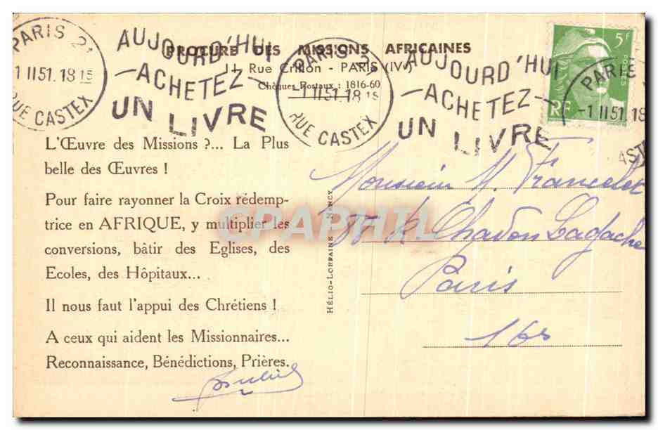 CPA Missons Africaines Allez Donc Trouver un coin Comme Ca pays Des Blancs Afrique — Rückseite