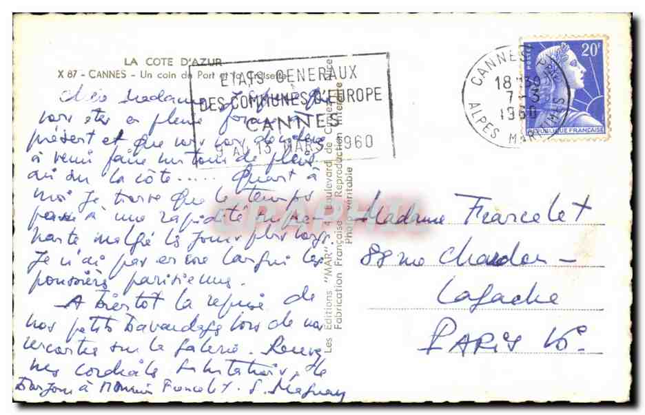 CPSM Cannes Un Coin de Port Bateaux — Verso