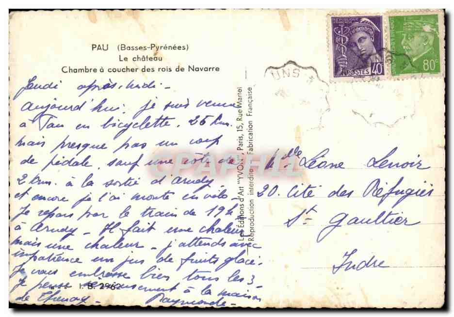 Pau (Basses-Pyrénées) — Le château, chambre à coucher des rois de Navarre — Éditions d'Art 'YVON' Paris 15, Rue Marat — Verso