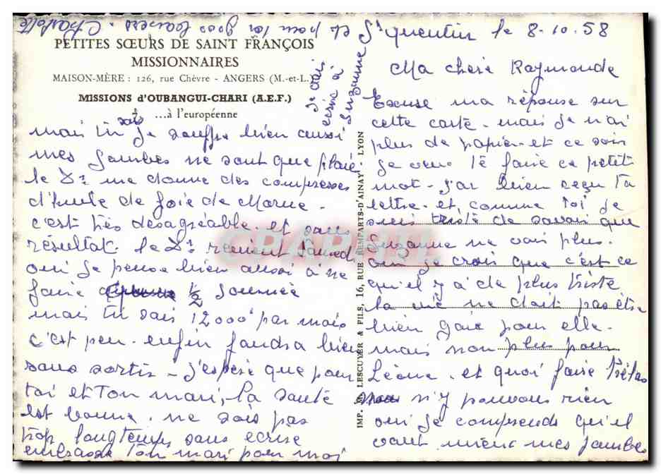 CPA Petites Soeurs de Saint Francois Missionnaires Maison Mere Rue Chevre Angers Oubangui Chari  — Rückseite