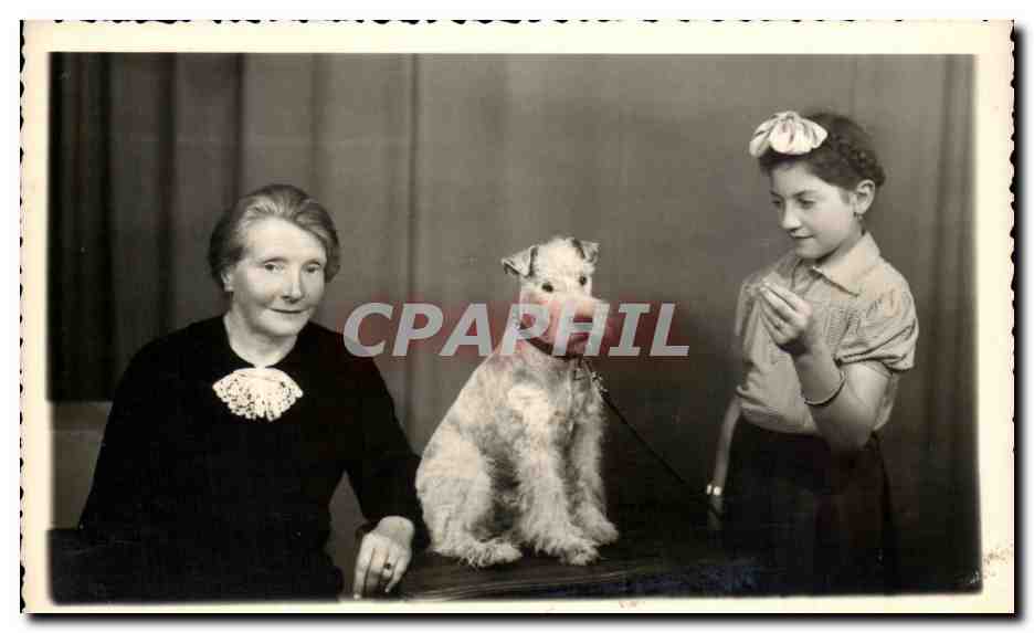 CARTE PHOTO chien enfant et grand mere