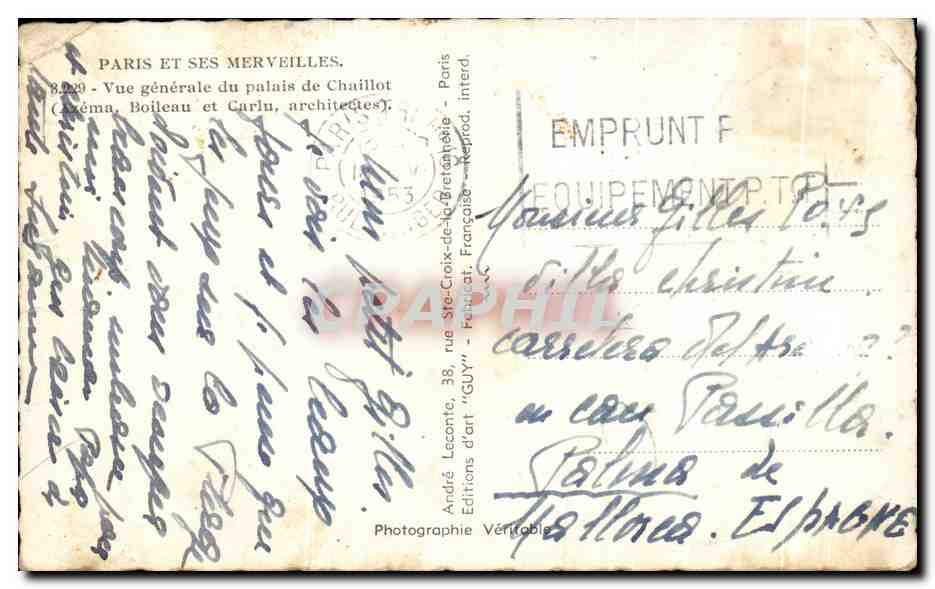 CPA Paris Et Ses Merveilles Vue generale du palais de Chaillot — Rückseite