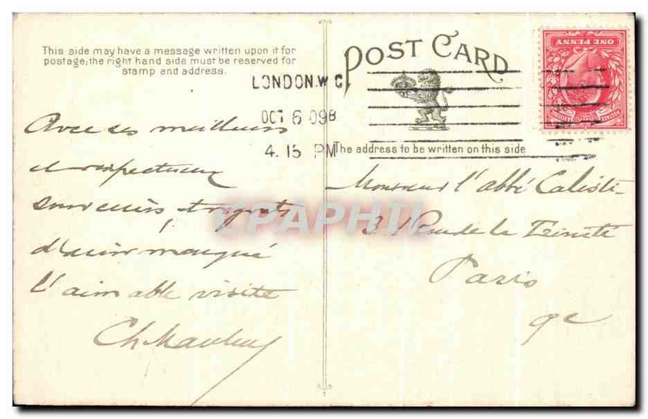 CPA The Hotel Metropole London — Rückseite