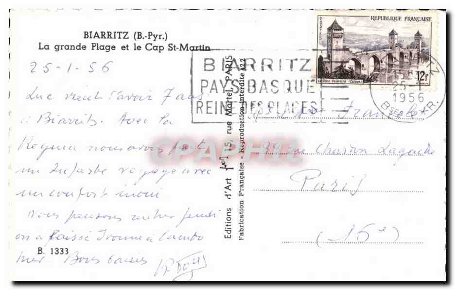 CPA Biarrtitz La Grande Plage Et Le Cap St Martin — Verso