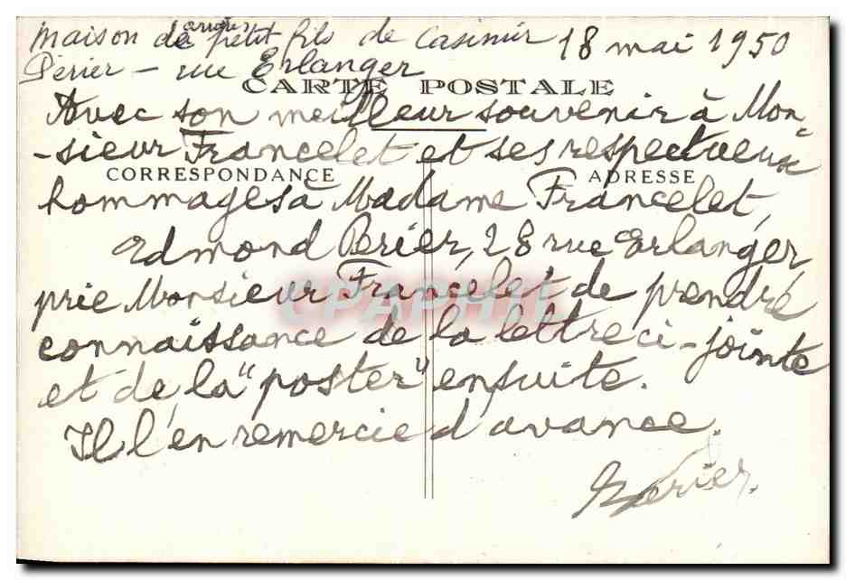 CPA Maison du petit fils de Casimir Perier Rue ERlanger — Rückseite