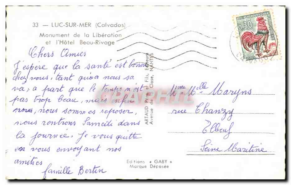 CPSM Luc Sur Mer Monument de la Liberation et L'Hotel Beau Rivage — Verso