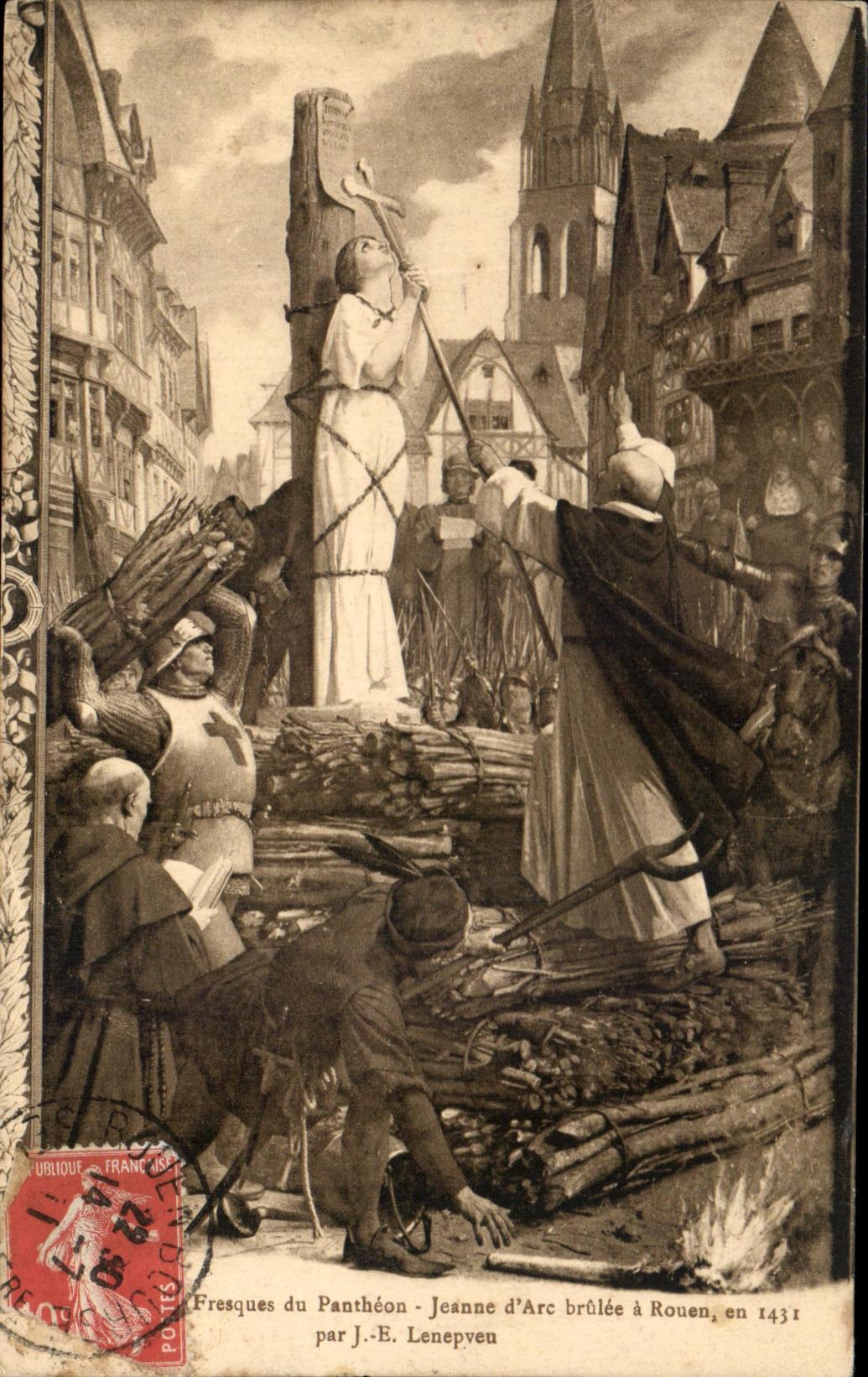 CPA Fresque du Pantheon Jeannne d'Arc brulee a Rouen En 1431 Par J F Lenepveu