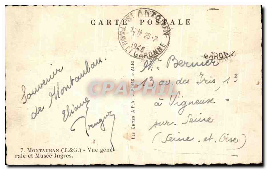 Montauban — Vue générale et Musée Ingres — Les Cartes A.P.A. - POEUX - ALBI — Achterkant