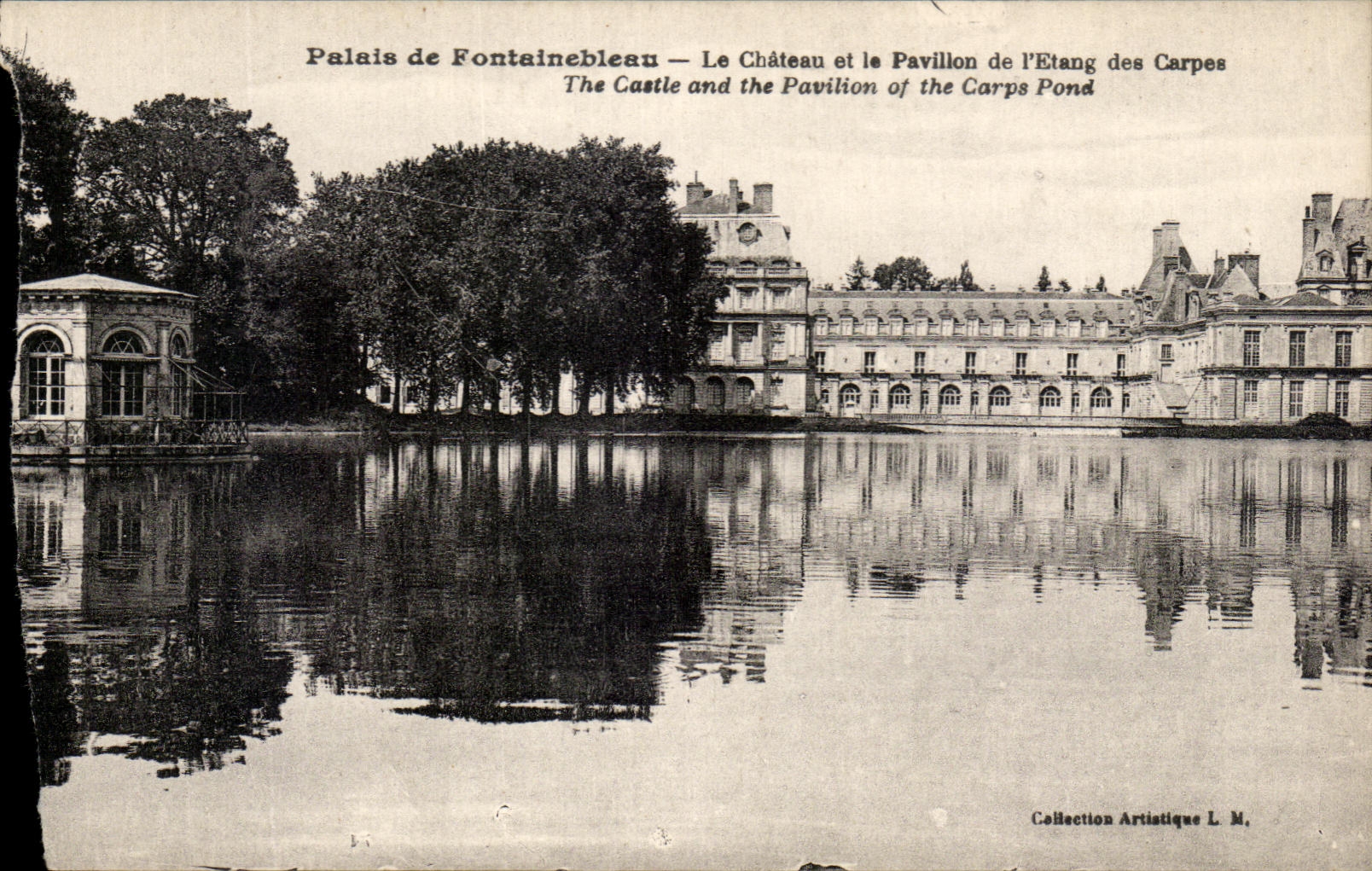 Tarjeta postal antigua Palacio de Fontainebleau La Iglesia y el Pavillon del Estanque de las Carpes