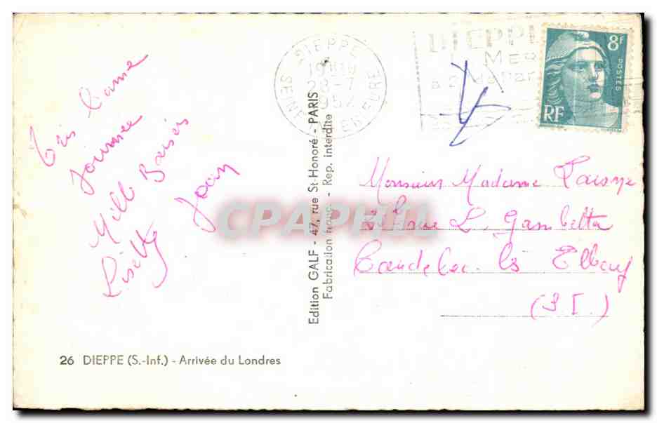 CPA Dieppe Arrivee du Londres Bateau — Verso