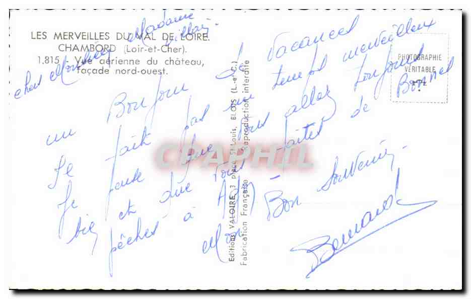 Chambord — Vue aérienne du château, façade nord-ouest — Éditions Valoire — Verso
