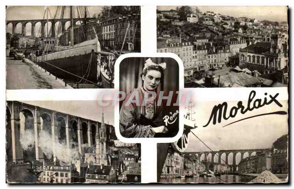 CPSM Morlaix Le viaduc le quai de Treguier L'hotel de ville Eglise Sainte Melaine Le quai du Leon